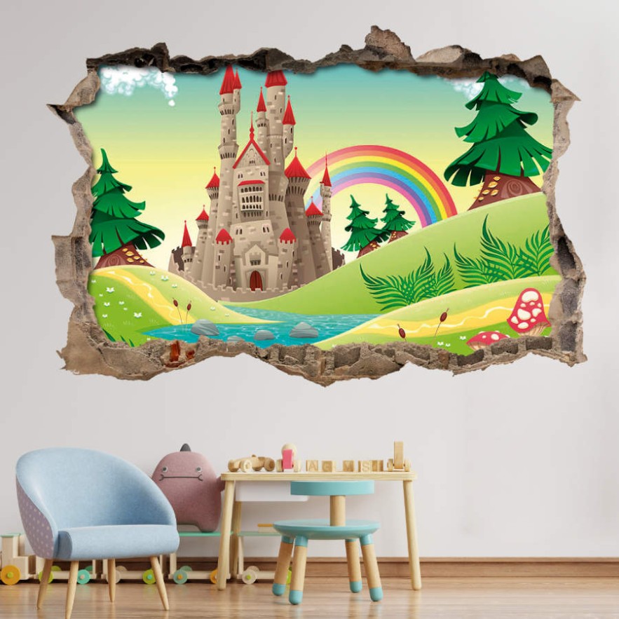 Pared Rota Vinilo 3D Infantil Castillo y arcoíris